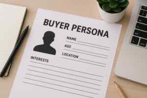 Das Bild zeigt ein gedrucktes Buyer-Persona-Profil auf einem aufgeräumten Schreibtisch. Enthalten sind Felder für Name, Alter, Standort und Interessen. Die Szene ist ergänzt durch Laptop, Notizbuch, Pflanze und Stift. Perfekt für Blogbeiträge über Zielgruppenanalyse und Kundenverständnis.