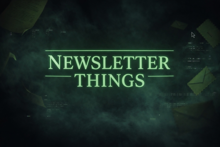 Newsletter Things Titelgrafik mit dunklem Hintergrund und ruhiger, leuchtender Schrift